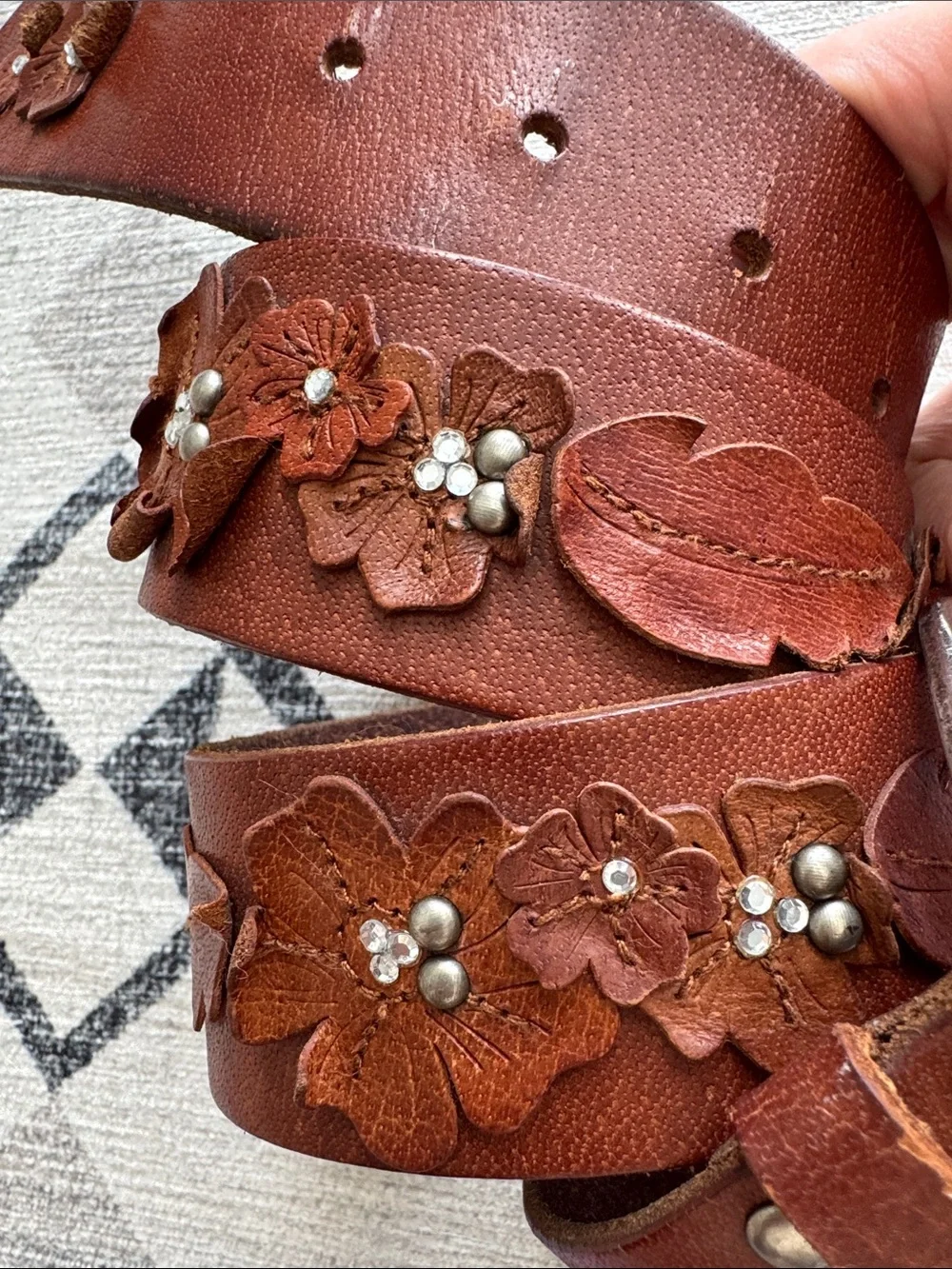 Hollister Brown Leather Floral Rhinestone Wide Belt Boho Y2K Western 40”